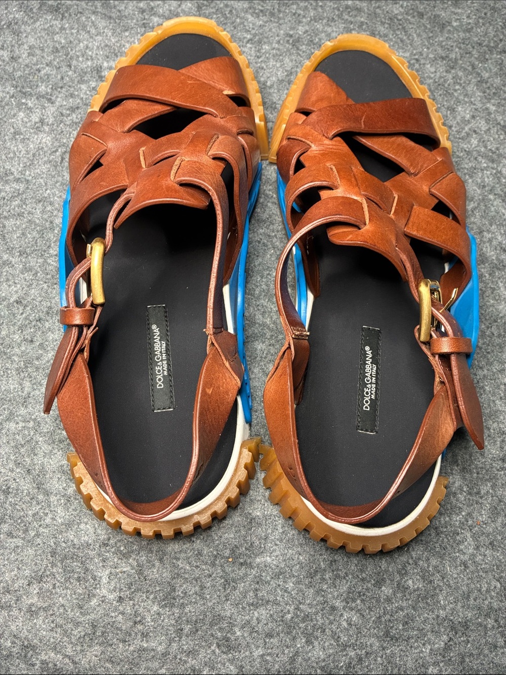Dolce & Gabbana NS1 Leather Sandals with Blue and Tan Accents
